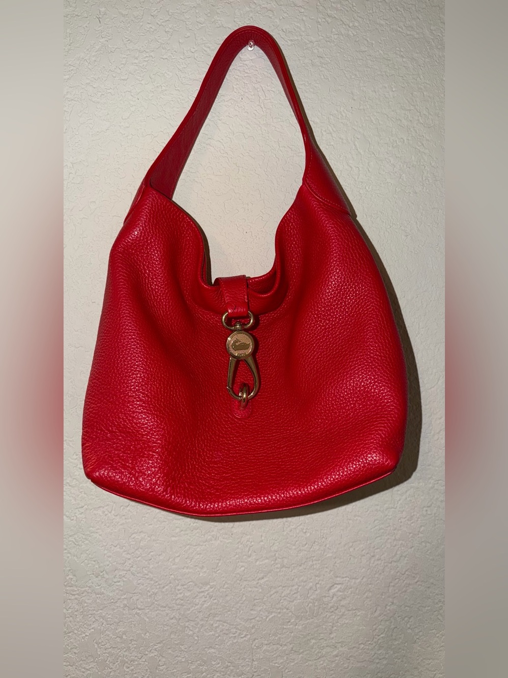 Dooney & Bourke Red Pebbled Leather Hobo with Gold-Tone Clasp
